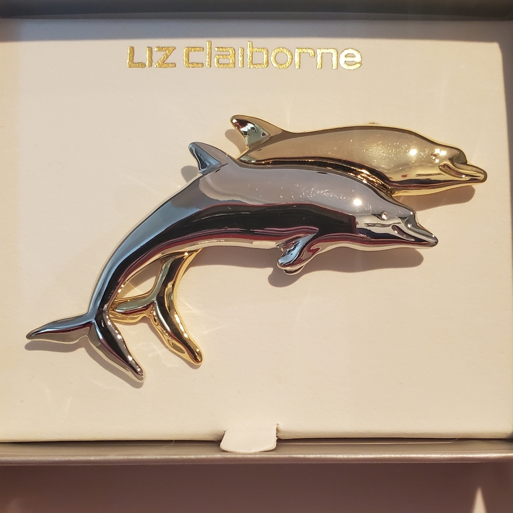 Liz Claiborne Silver and Gold Tone Dolphin Brooch NIB